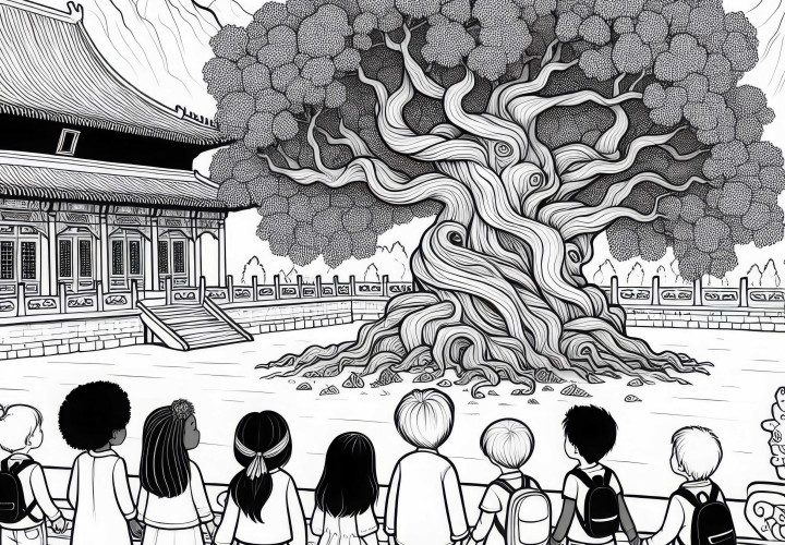 Ruhiger Hof mit altem Baum in Peking – Ausmalbild gratis Ruhiger Hof mit altem Baum in Peking – Ausmalbild gratis