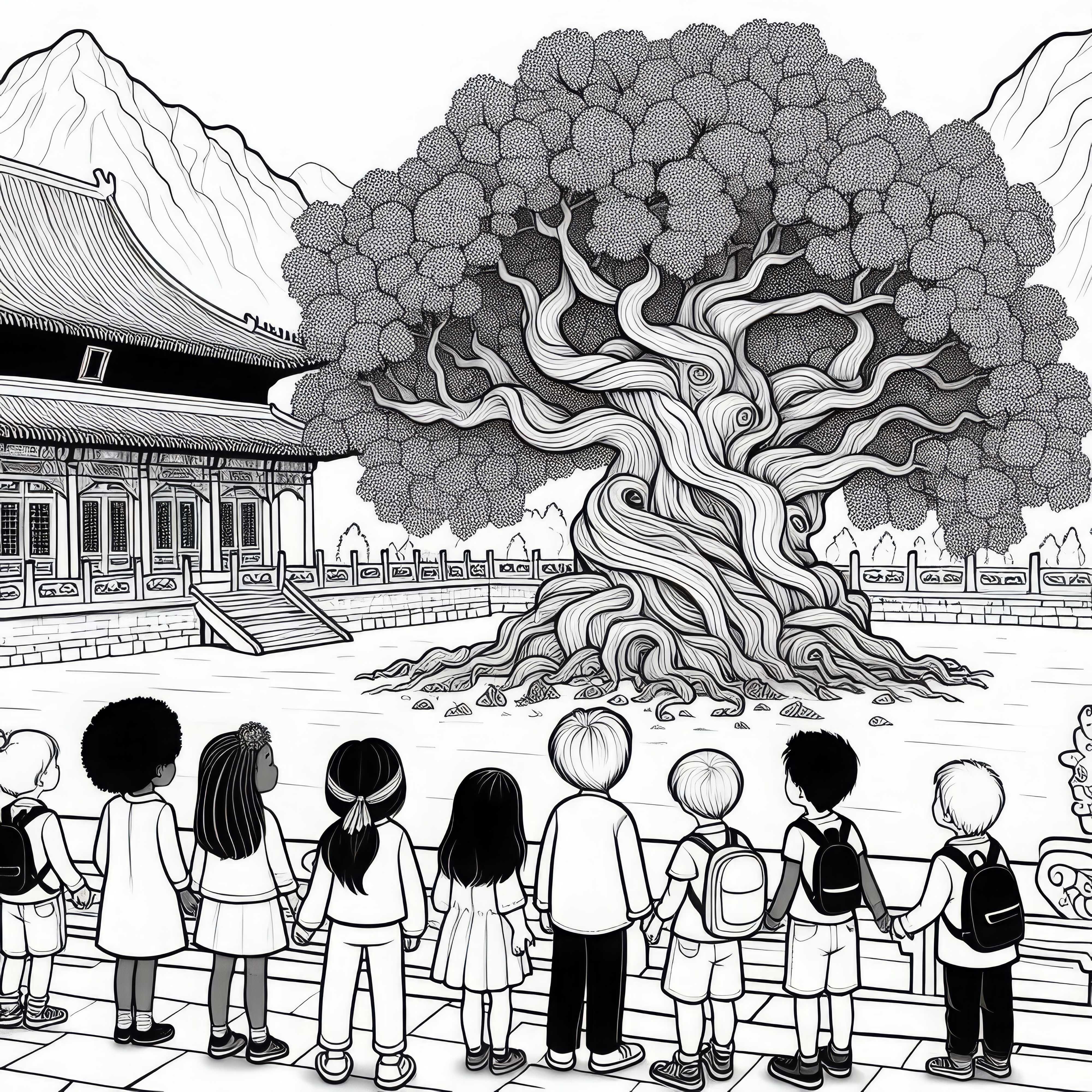 Ruhiger Hof mit altem Baum in Peking – Ausmalbild gratis