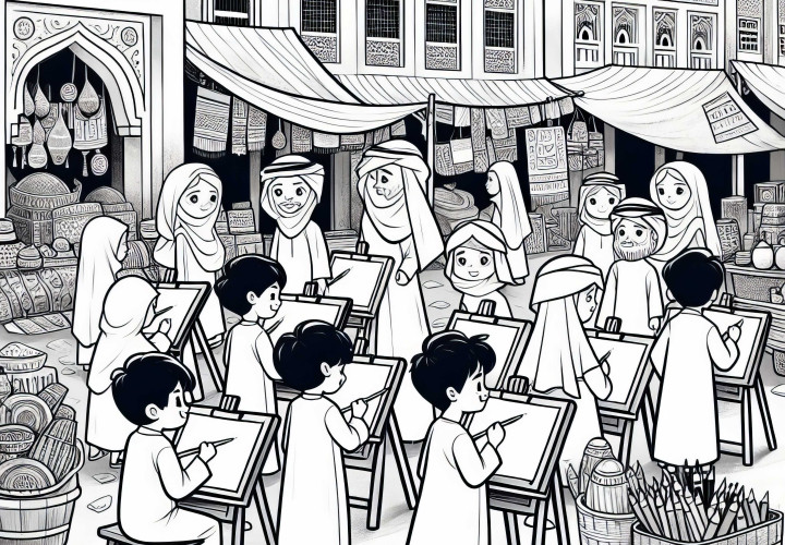 Dubai: Traditioneller Markt mit Kindern, die Zeichnen – Malvorlage Gratis Dubai: Traditioneller Markt mit Kindern, die Zeichnen – Malvorlage Gratis