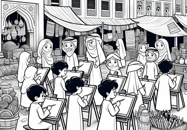 Dubai: Pasar tradisional dengan anak-anak yang menggambar – Template gambar gratis