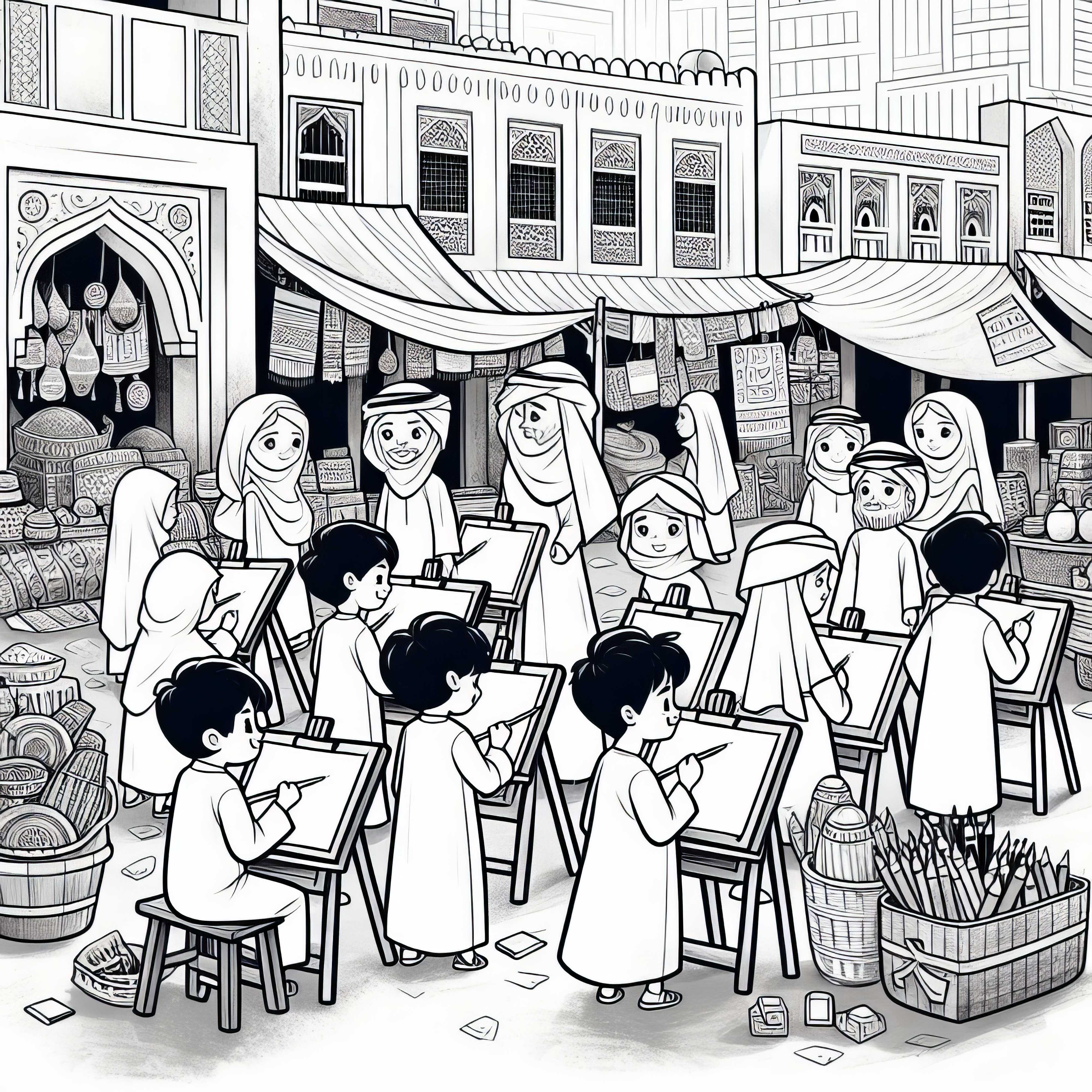 Dubai: Traditioneller Markt mit Kindern, die Zeichnen – Malvorlage Gratis
