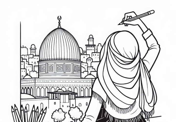 Jerusalem girl draws dome with pencil coloring page free