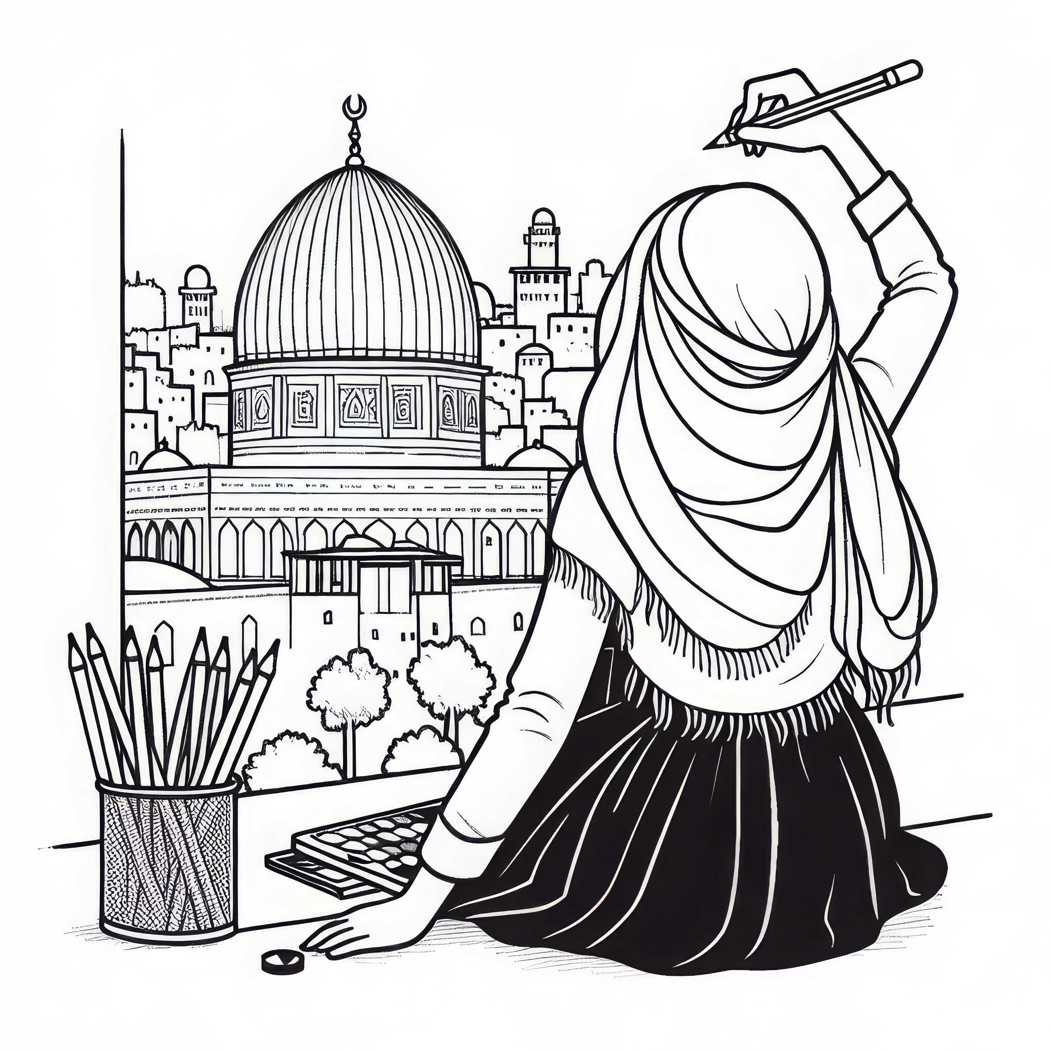 Jerusalem girl draws dome with pencil coloring template free