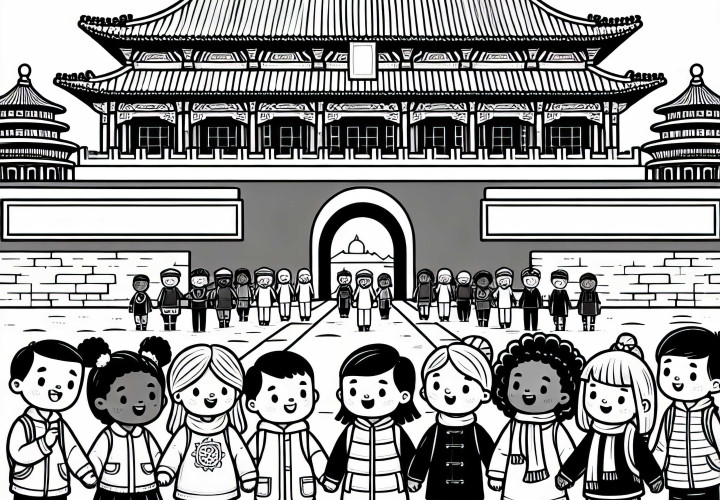 Beijing Children Stand in Front of the Gate to the Forbidden City Coloring Page Free