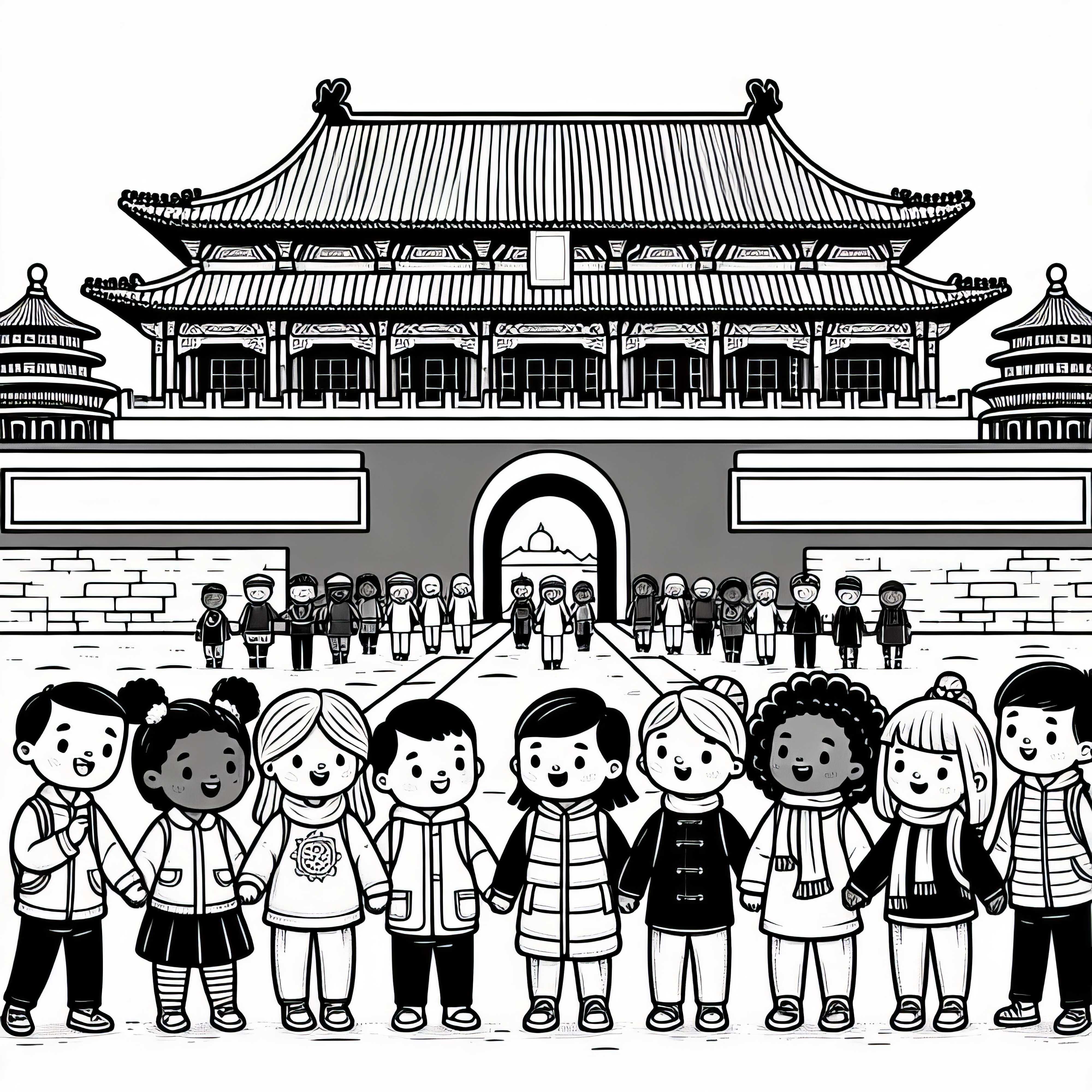 Beijing Children Standing in Front of the Gate to the Forbidden City Coloring Page Free