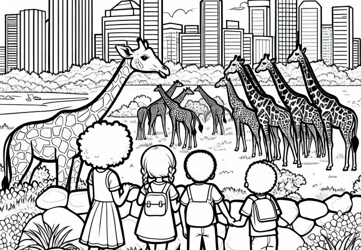 Giraffes in Nairobi National Park with a view of the skyline – Free coloring page