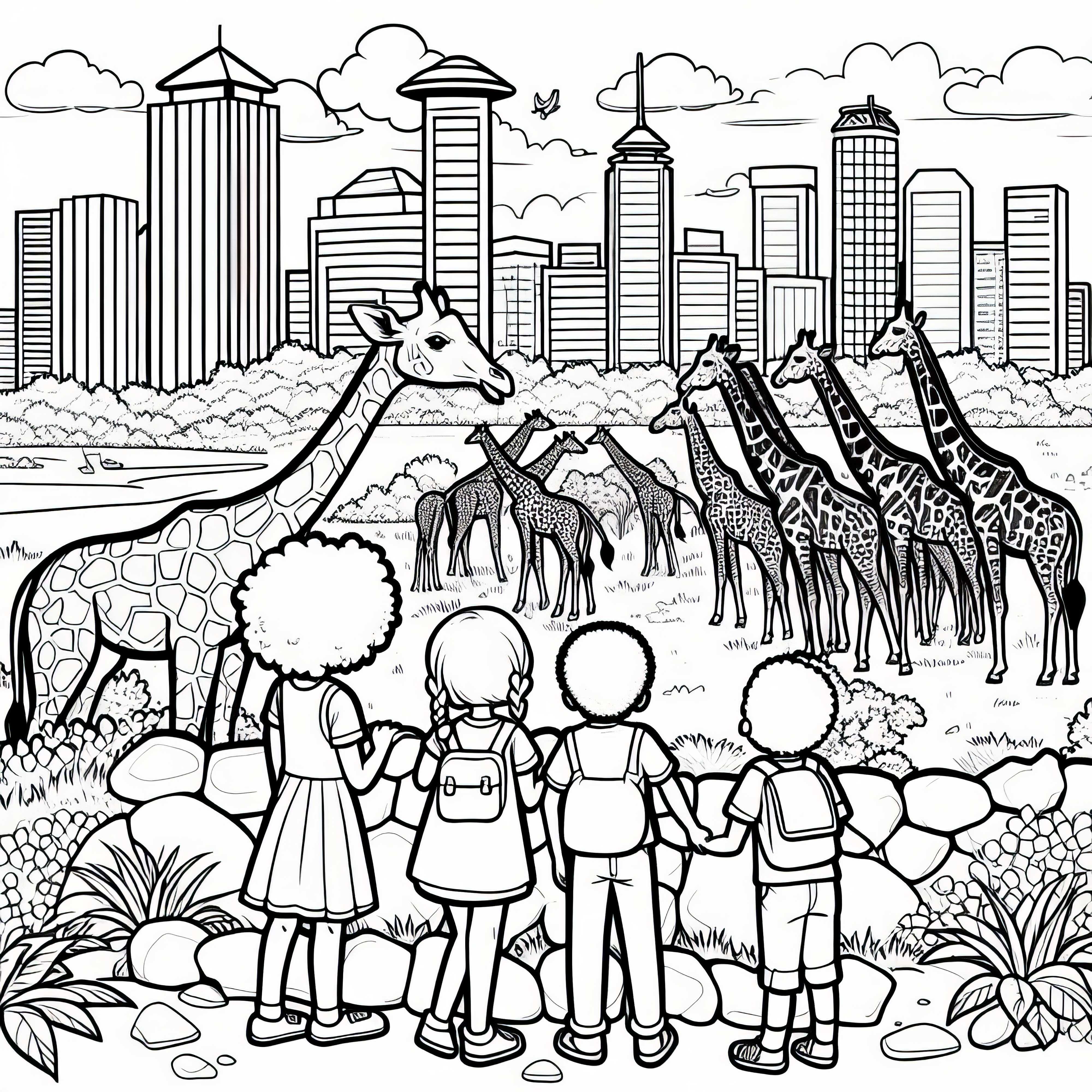 Giraffes in Nairobi National Park with a view of the skyline – Free coloring page