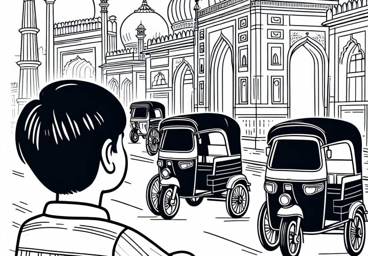 New Delhi: Rickshaws on the streets – Free coloring page