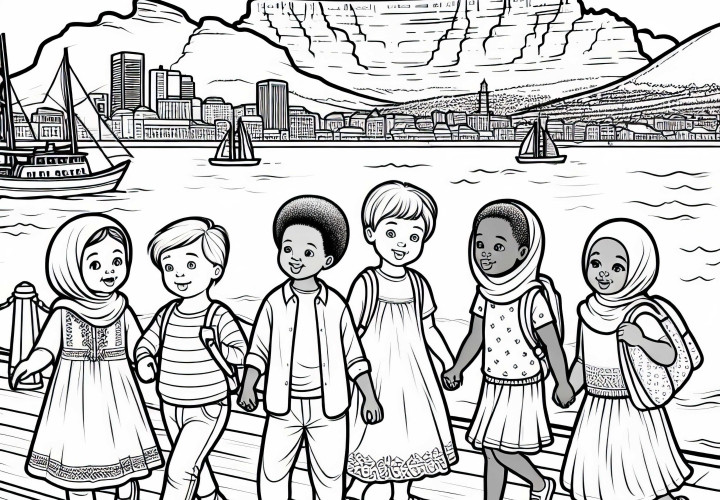 Cape Town: Children walk along the waterfront with a view of Table Mountain - Coloring page