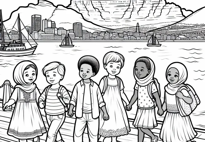 Cape Town: Anak-anak berjalan di Waterfront dengan pemandangan Gunung Meja - Halaman mewarnai