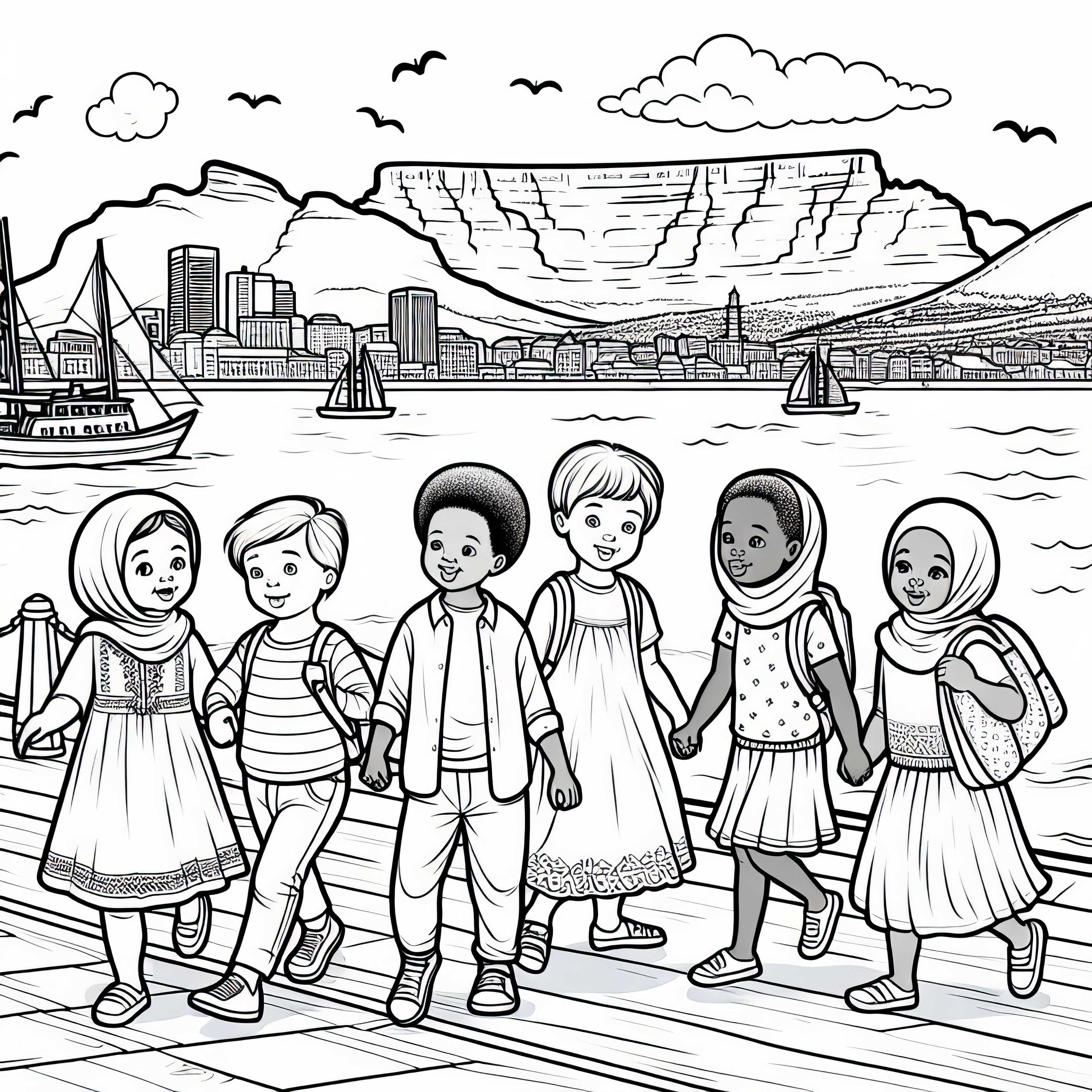 Cape Town: Children stroll along the waterfront with a view of Table Mountain - Coloring page