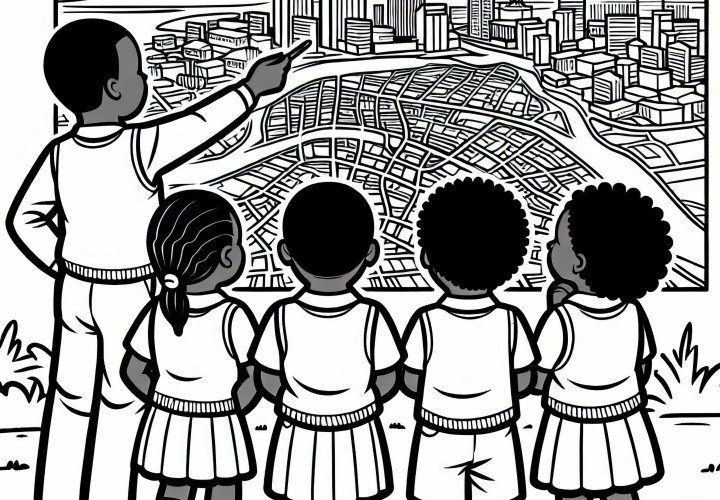 Nairobi schoolchild explains city map as coloring picture