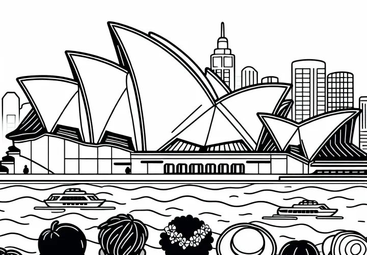 Anak-anak Sydney melihat Gedung Opera - Gambar untuk diwarnai gratis