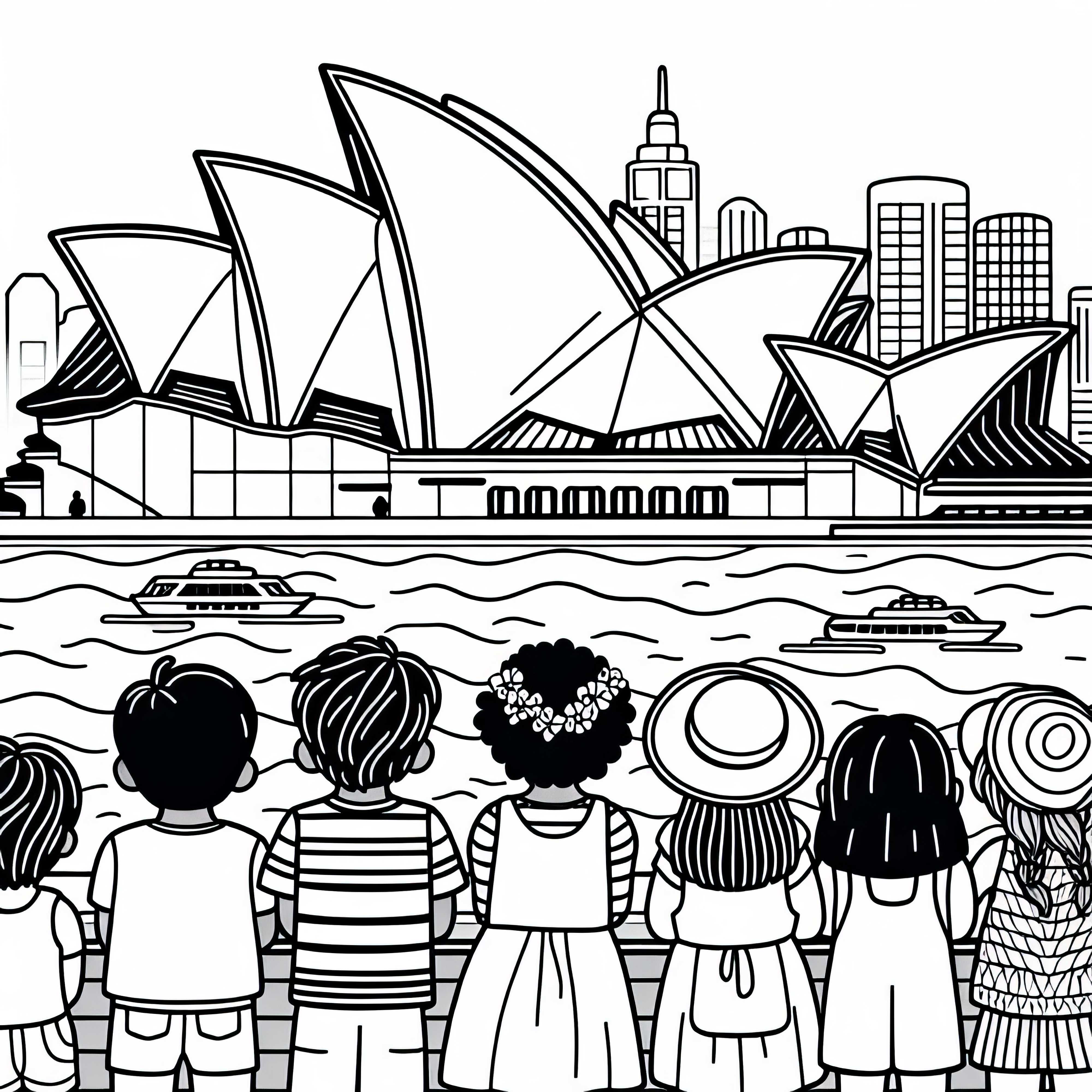 Sydney children look at the opera house – free coloring page