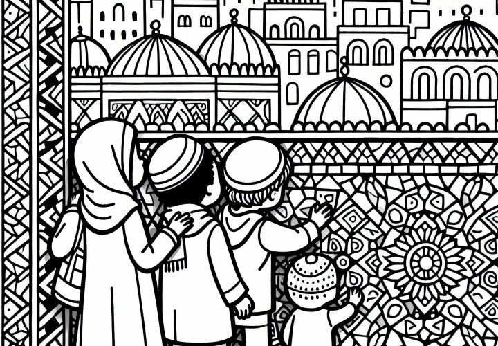 Children marvel at mosaic tiles in Marrakech - Free coloring page