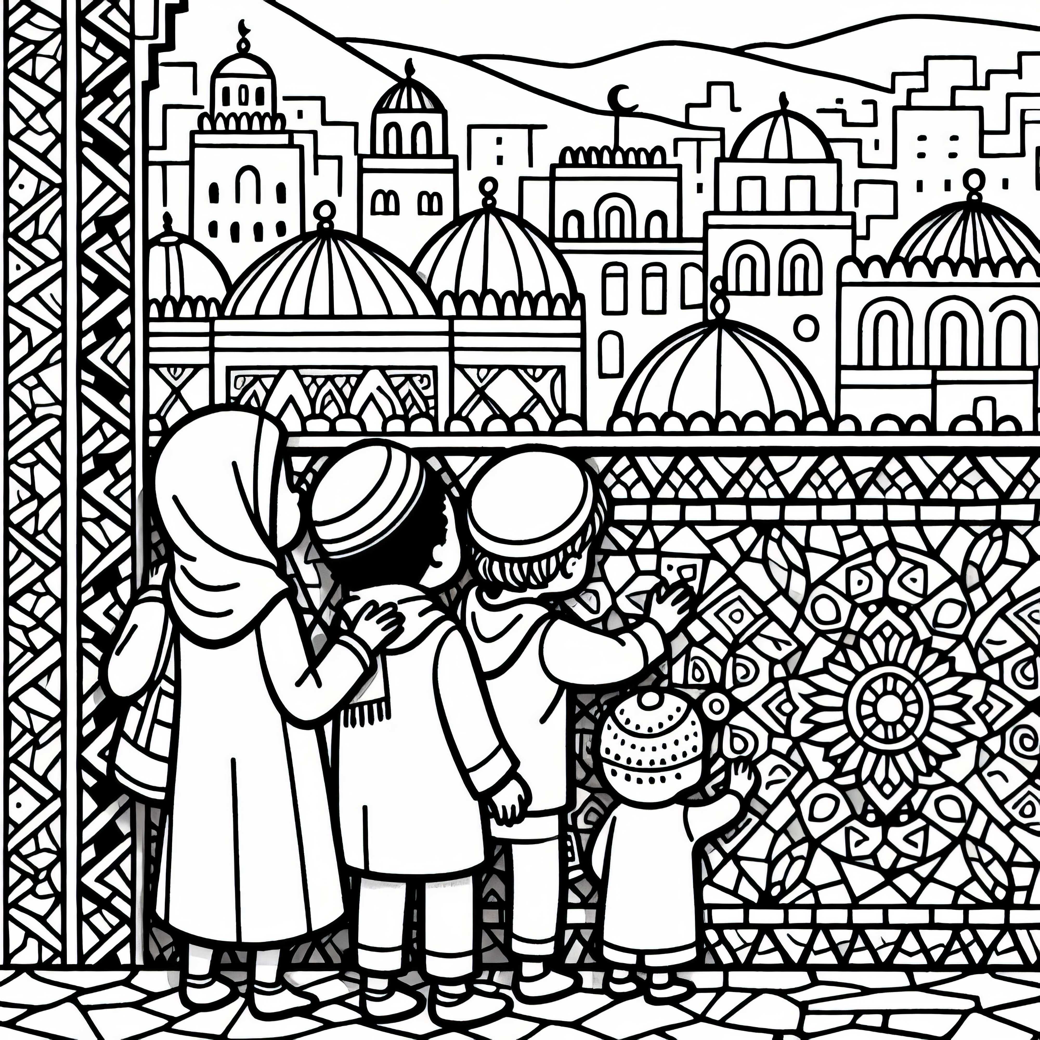 Children admire mosaic tiles in Marrakech - Free coloring page