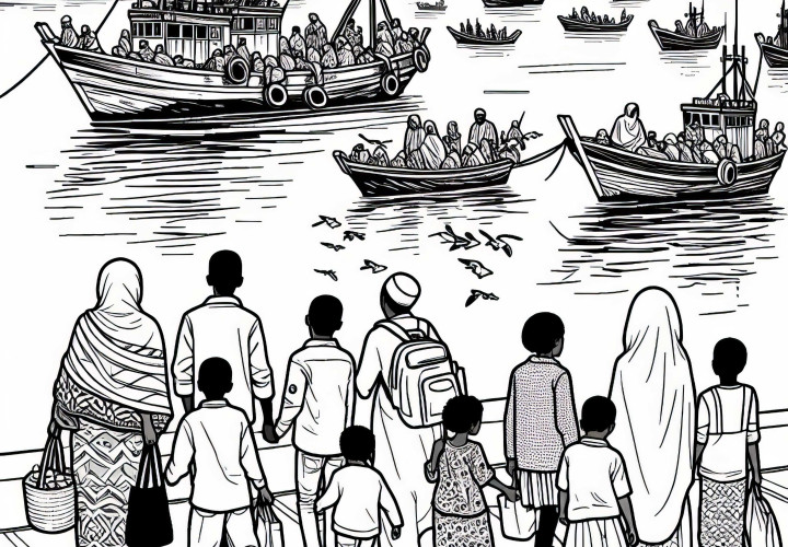 Menschen gehen am Hafen spazieren und sehen Fischerboote – Malvorlage kostenlos Menschen gehen am Hafen spazieren und sehen Fischerboote – Malvorlage kostenlos