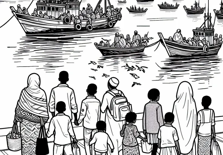 Orang-orang berjalan di pelabuhan dan melihat perahu nelayan - Template mewarnai gratis