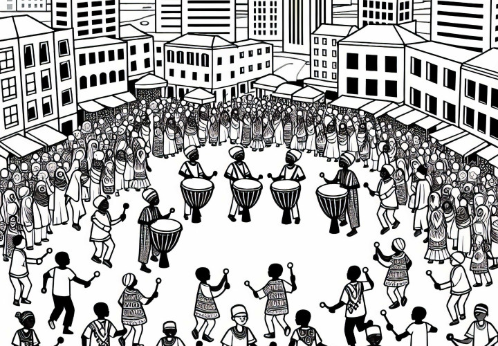 Coloring page of a square in Dakar with music and drums