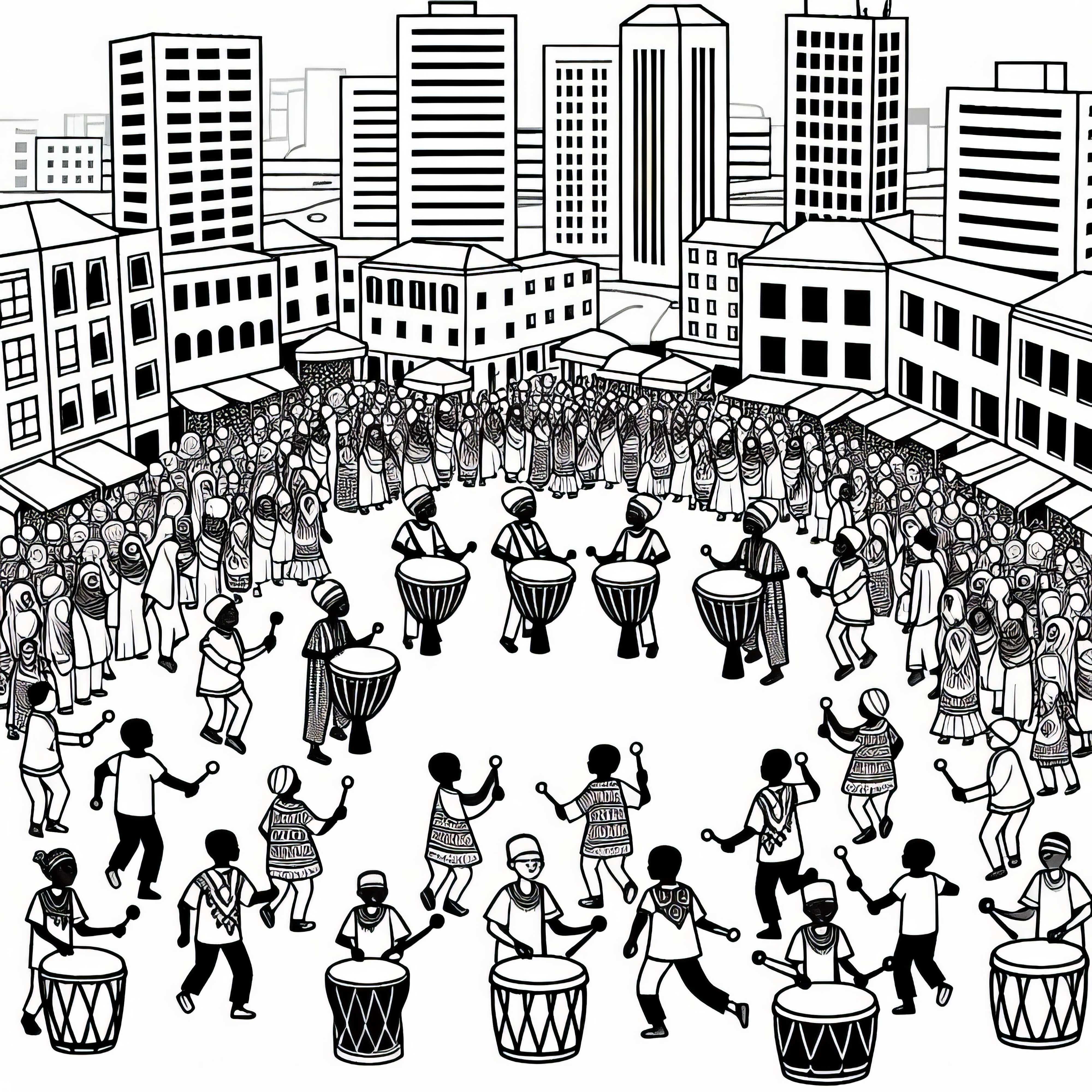 Coloring picture of a square in Dakar with music and drums