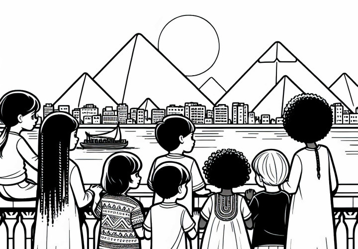 Cairo children look at the Nile with a view of the pyramids coloring page free