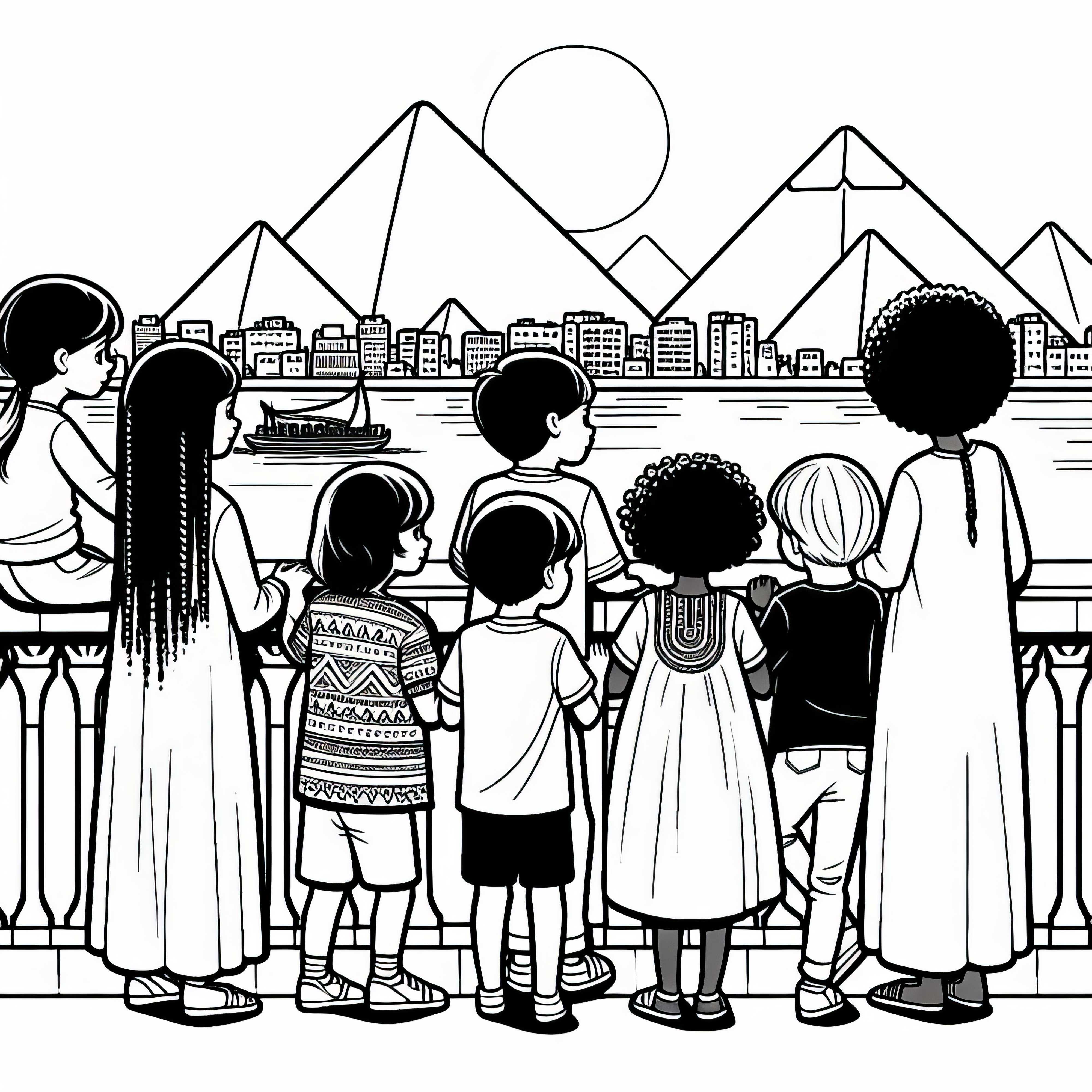 Cairo children look at the Nile with a view of the pyramids coloring page free