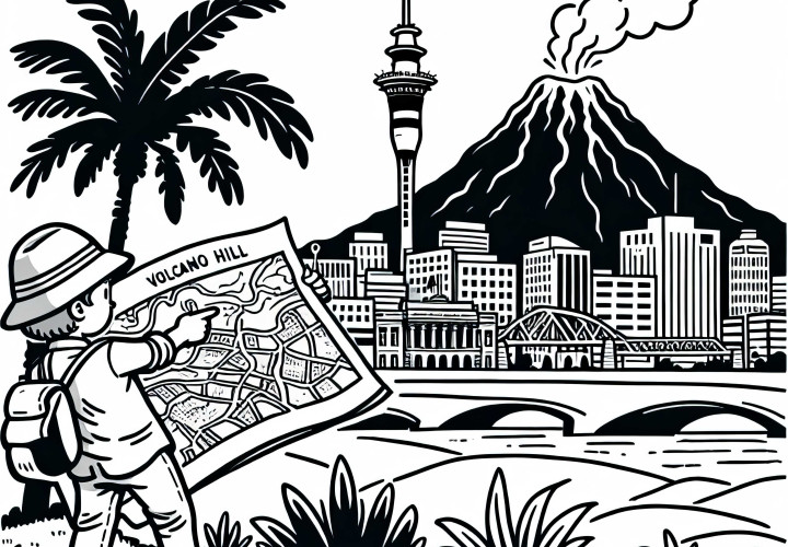 Free coloring page of a volcanic hill in Auckland