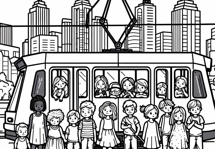 Children riding the tram - coloring template free of charge