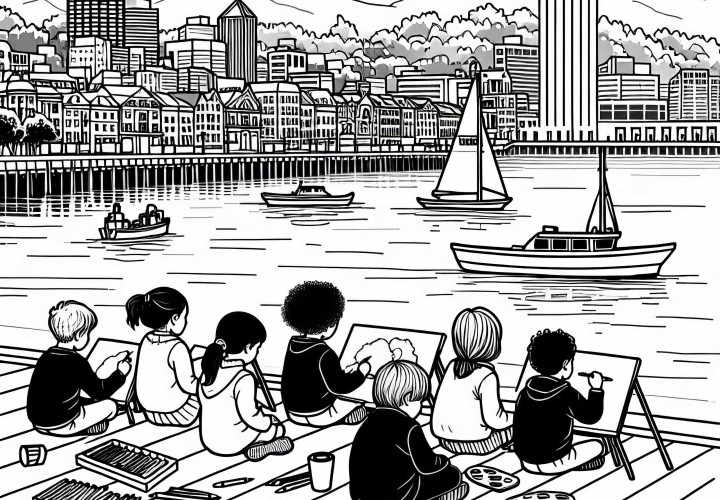 Wellington: Children sitting at the harbor - Free coloring page