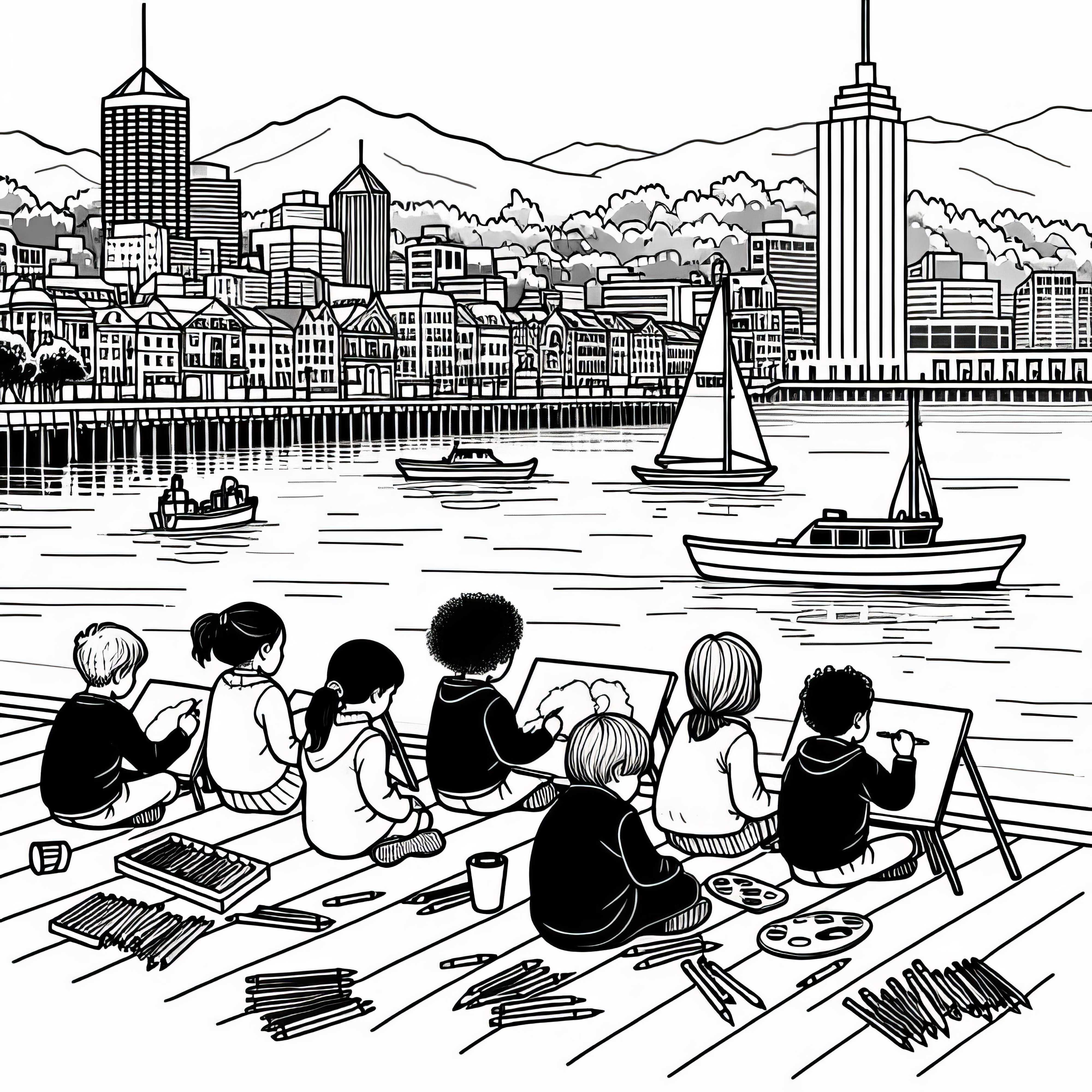 Wellington: Children sitting at the harbor – Free coloring page