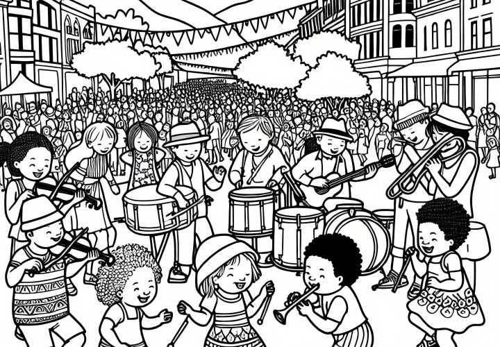 Wellington Street Festival with Musicians – Coloring Page Free