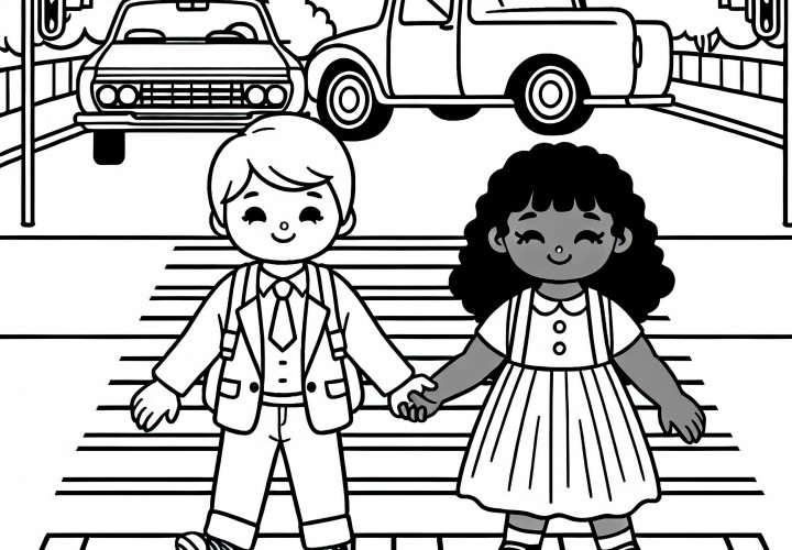 Duas crianças atravessam a faixa de pedestres - desenho para colorir gratuito