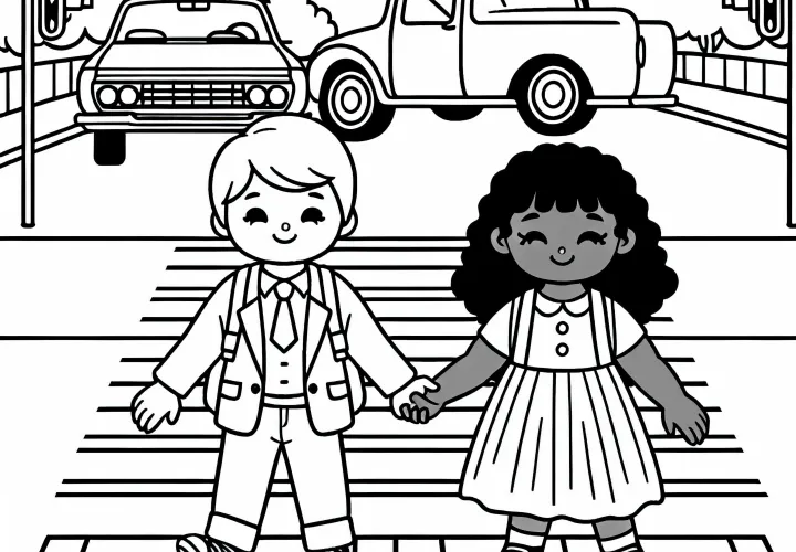 Két gyerek átszalad a zebrán – ingyenes színezőlap