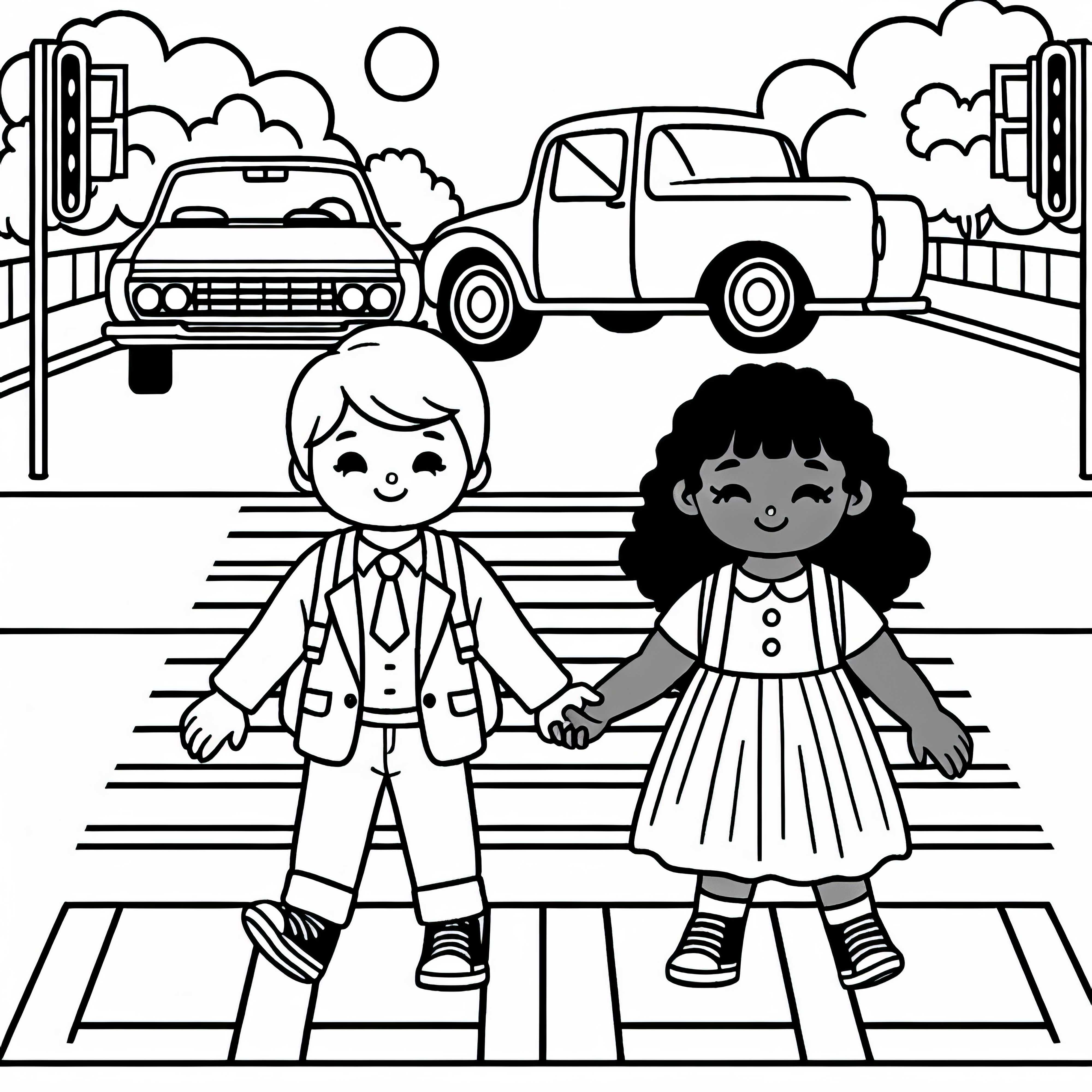 Duas crianças estão atravessando uma faixa de pedestres - modelo para colorir gratuito