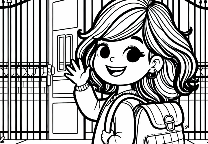 Criança com mochila acena alegremente na despedida diante do portão da escola - Desenho para colorir gratuito