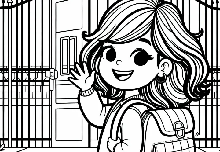 Gyermek iskolatáskával vidáman integet búcsúzáskor az iskola kapuja előtt – Ingyenes szinező oldal