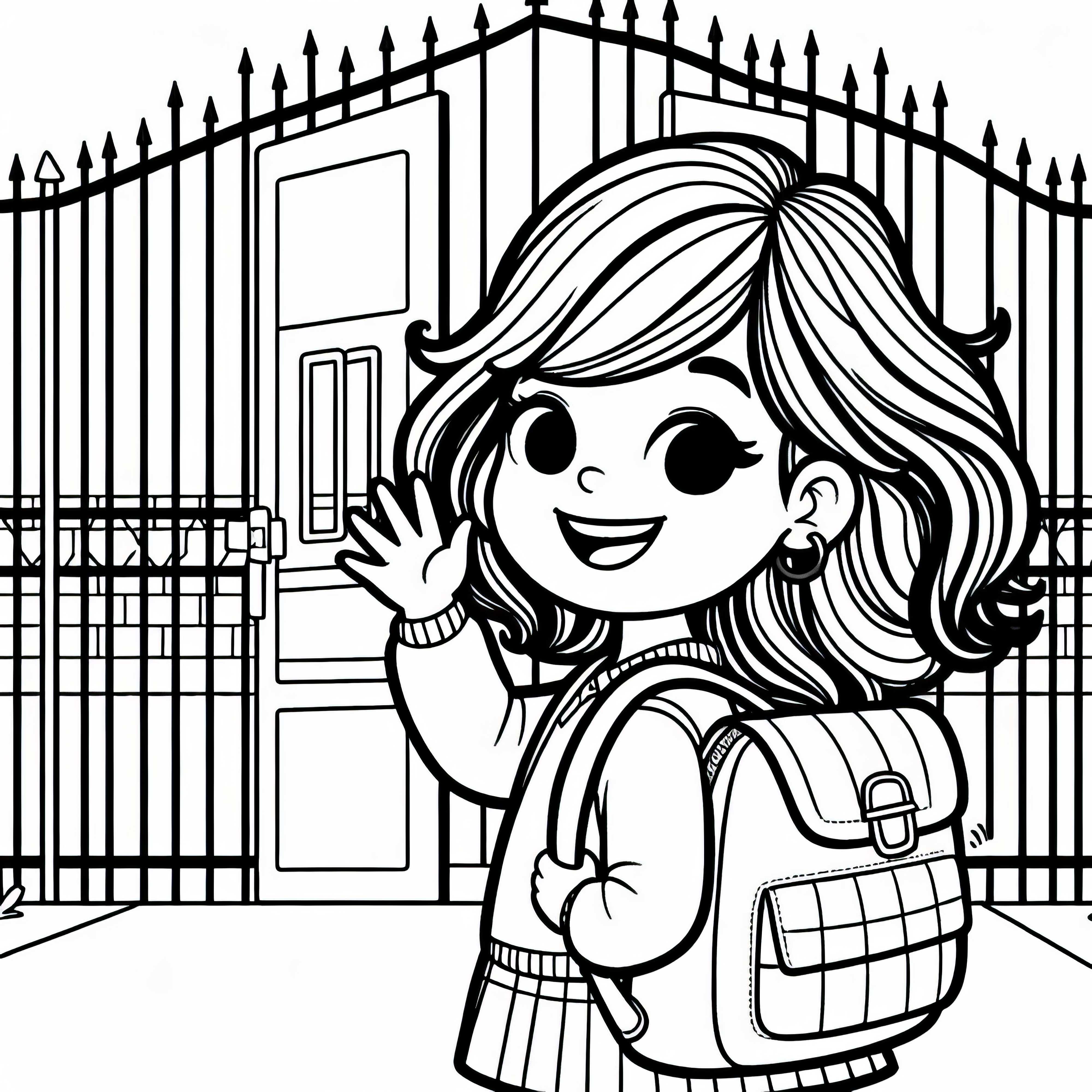 Criança com mochila acena alegremente na despedida em frente ao portão da escola - Desenho para colorir gratuito Criança com mochila acena alegremente de despedida em frente ao portão da escola - Desenho para colorir grátis