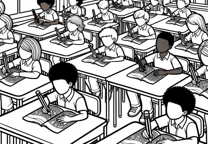 Turma da escola sentada em mesas na sala de aula - imagem para colorir grátis