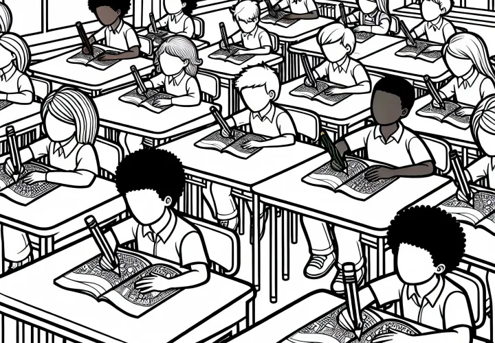 Skoleklasse sidder ved borde i klasseværelset - Gratis udmalingsbillede