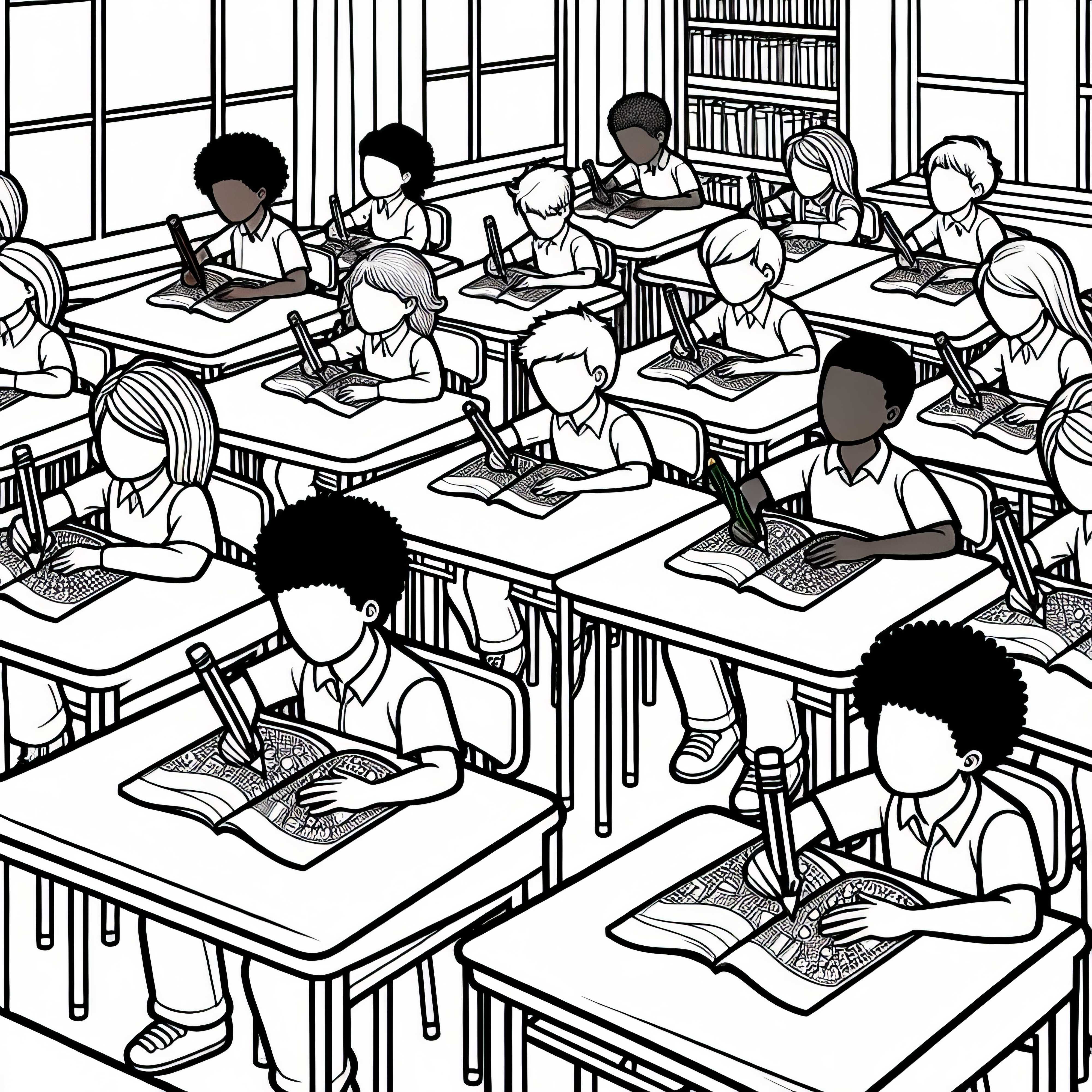 Turma escolar sentada em mesas na sala de aula – Desenho para colorir grátis Classe escolar sentada em mesas na sala de aula - Desenho para colorir grátis