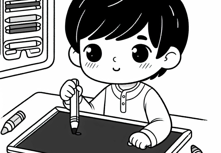 Criança escreve concentrada em uma pequena lousa – Desenho para colorir grátis