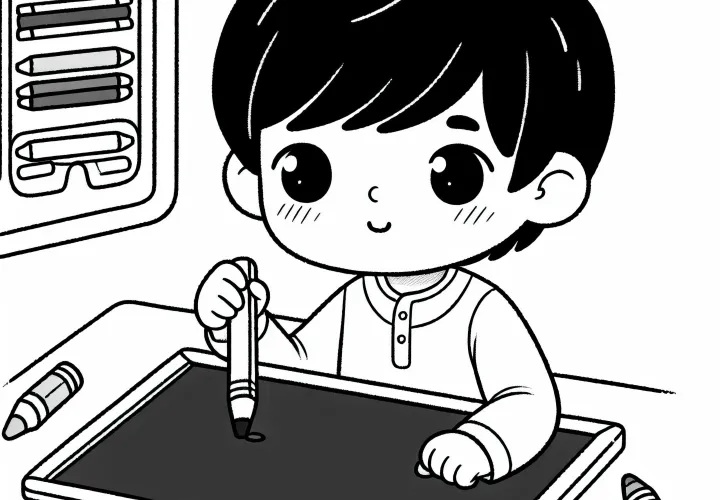 Barn skriver koncentreret på lille tavle – Malebillede gratis