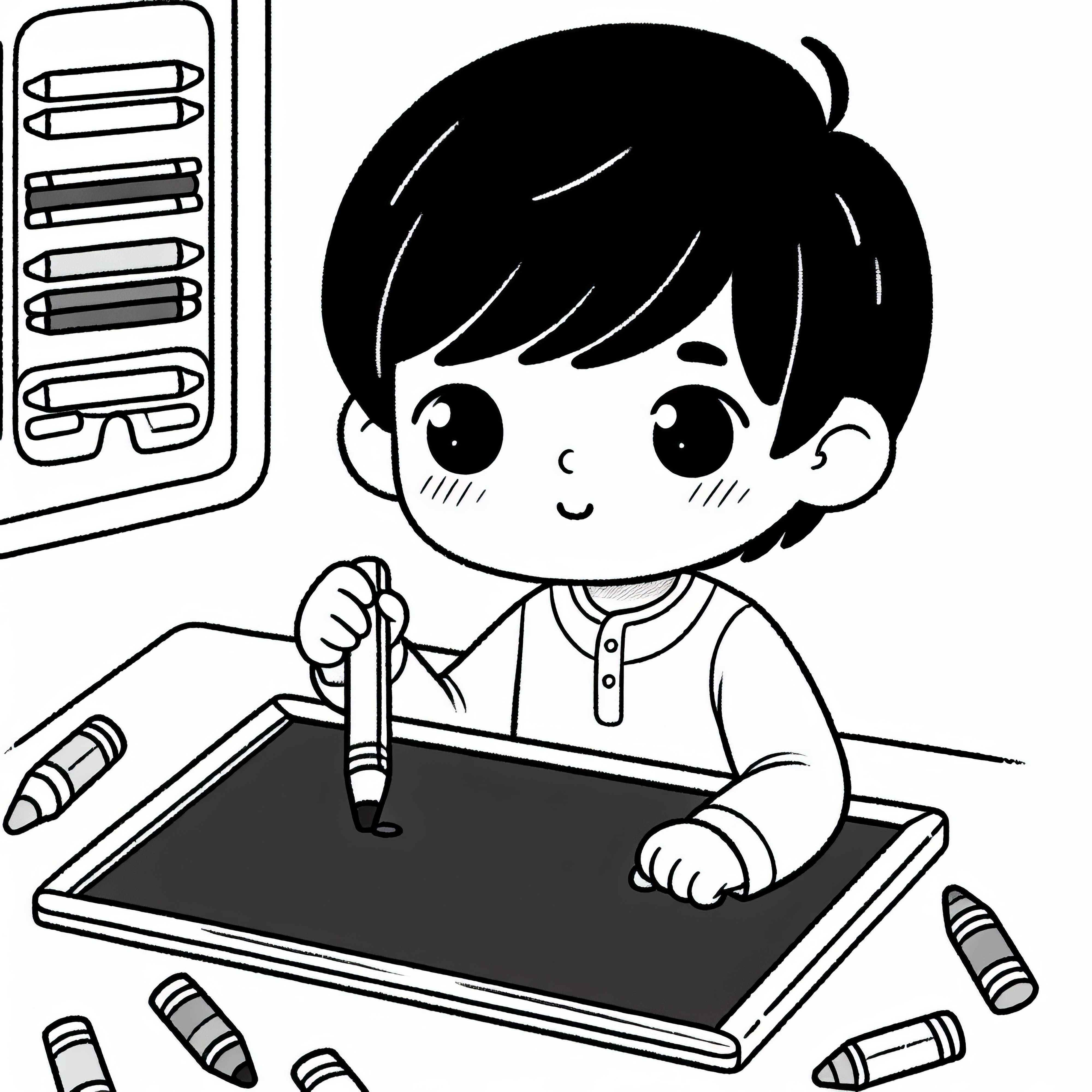 Criança escreve concentrada em uma pequena lousa – Desenho para colorir grátis