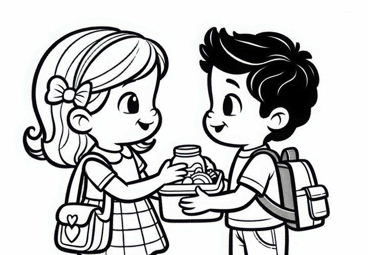 Zwei Kinder Tauschen Pausenbrote auf dem Schulhof – Ausmalbild Kostenlos
