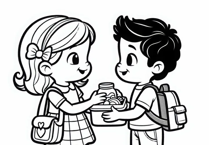 Zwei Kinder Tauschen Pausenbrote auf dem Schulhof – Ausmalbild Kostenlos