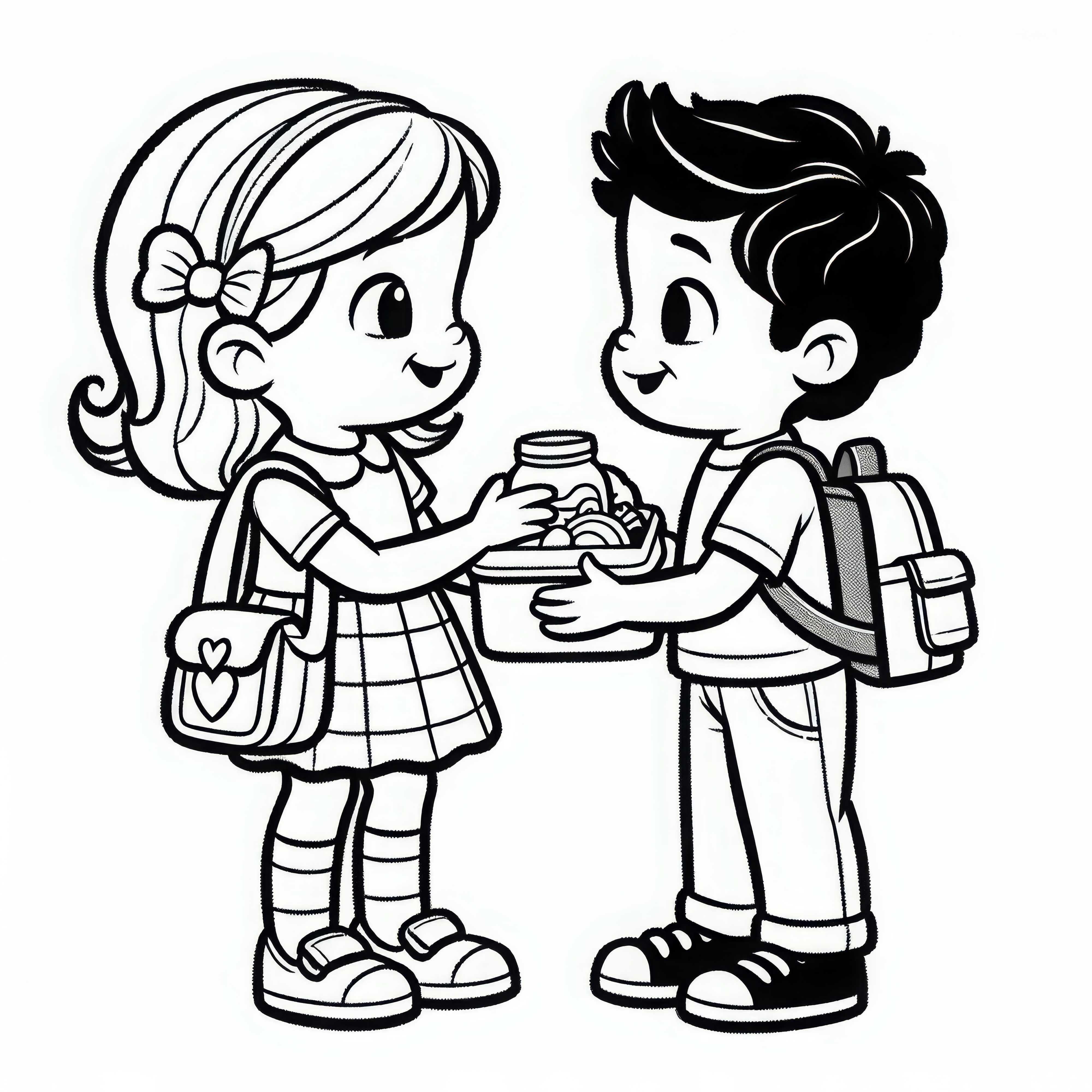 Zwei Kinder Tauschen Pausenbrote auf dem Schulhof &ndash; Ausmalbild Kostenlos