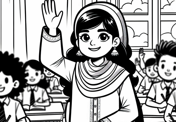 Criança levanta a mão na aula – Modelo de colorir gratuito