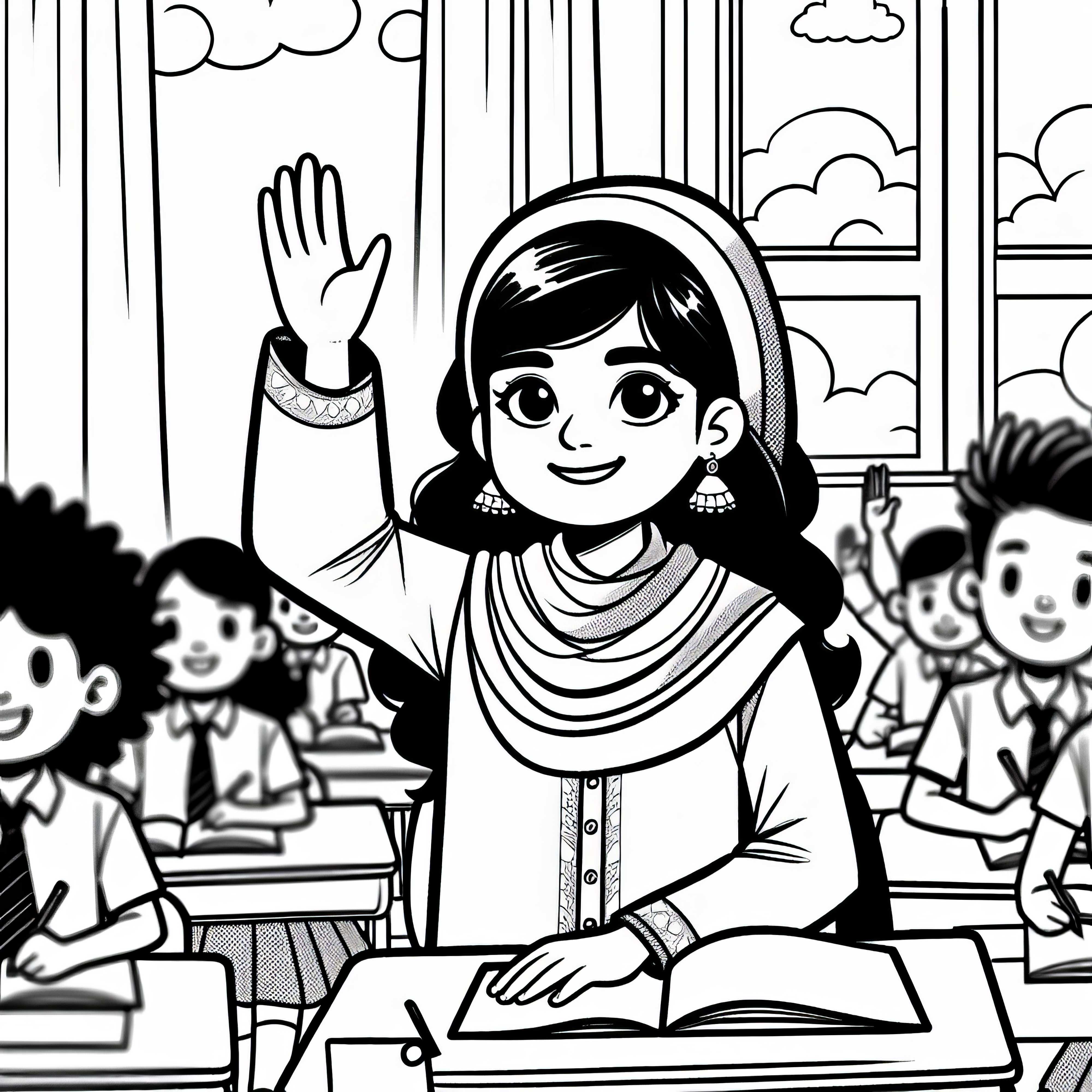 Criança levanta a mão na aula – Modelo para colorir gratuito
