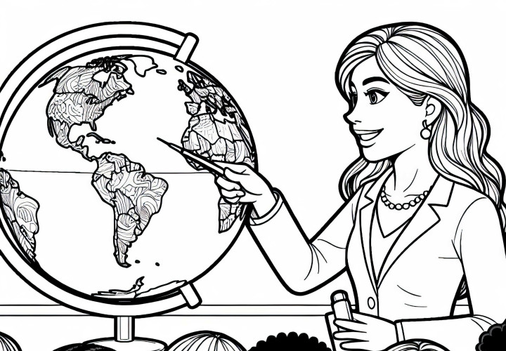 Uma professora mostra algo em um globo – desenho para colorir