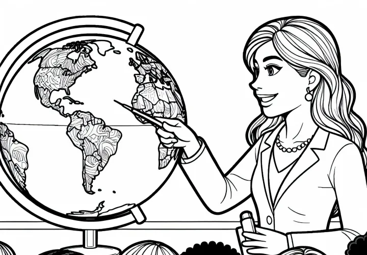 En lærer viser noget på en globus – farvelægningsskabelon